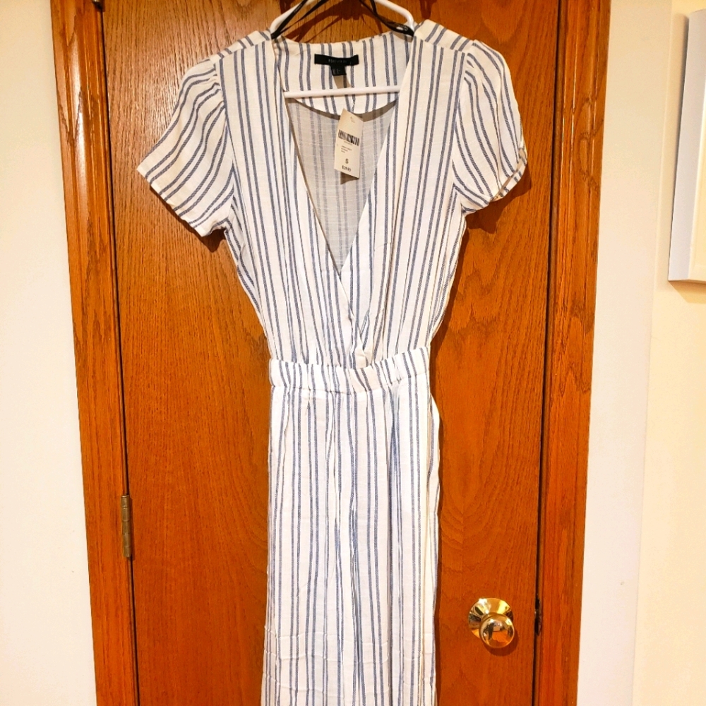 Flowy blue and white strip jumpsuit new with tags